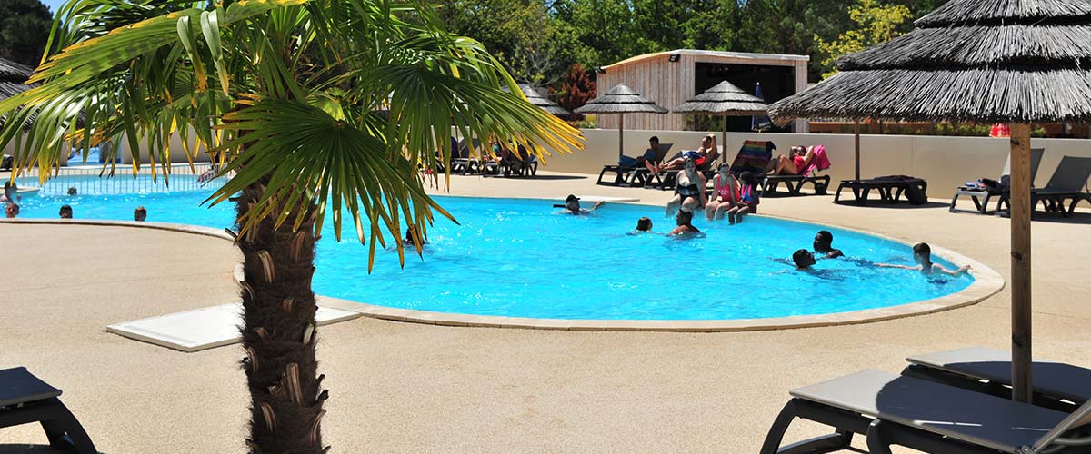 La piscine chauffée du camping avec transat, palmiers et plage au camping Tastesoule