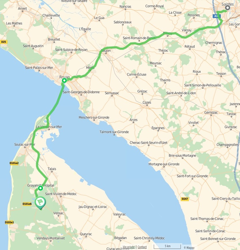 Itinéraire camping Tastesoule dans le Médoc via Royan 