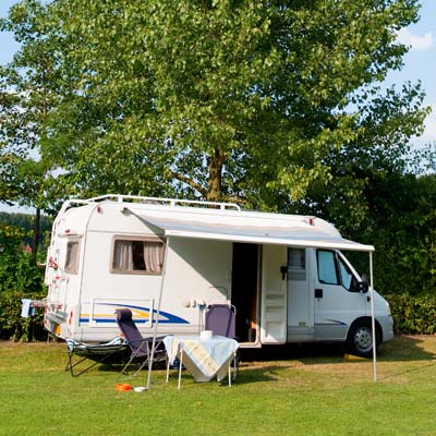 Camping-car sur un emplacement sous un grand arbre au camping Tastesoule à Vensac